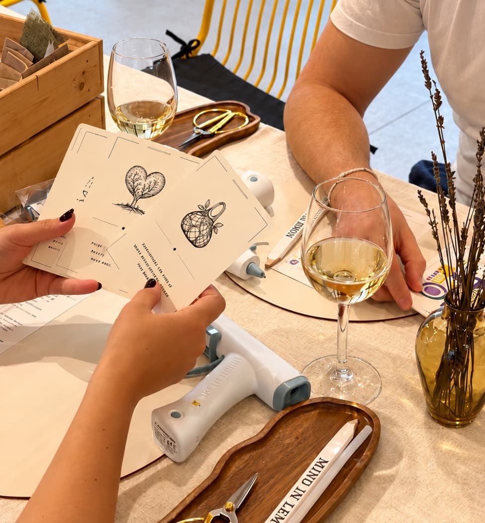 Two people sharing conversation cards over a glass of wine
